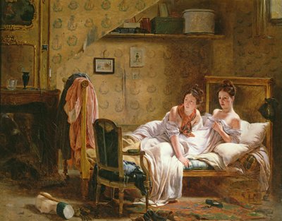 Duas mulheres em uma cama perturbada por um gato de Jean Alphonse Roehn